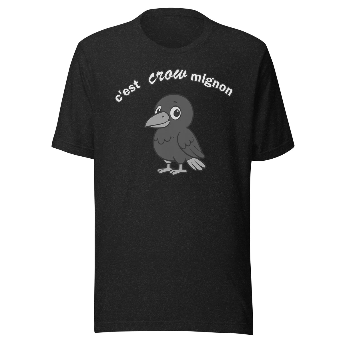 T-shirt adulte unisexe noir chiné « C’est crow mignon », vue du vêtement entier de face.