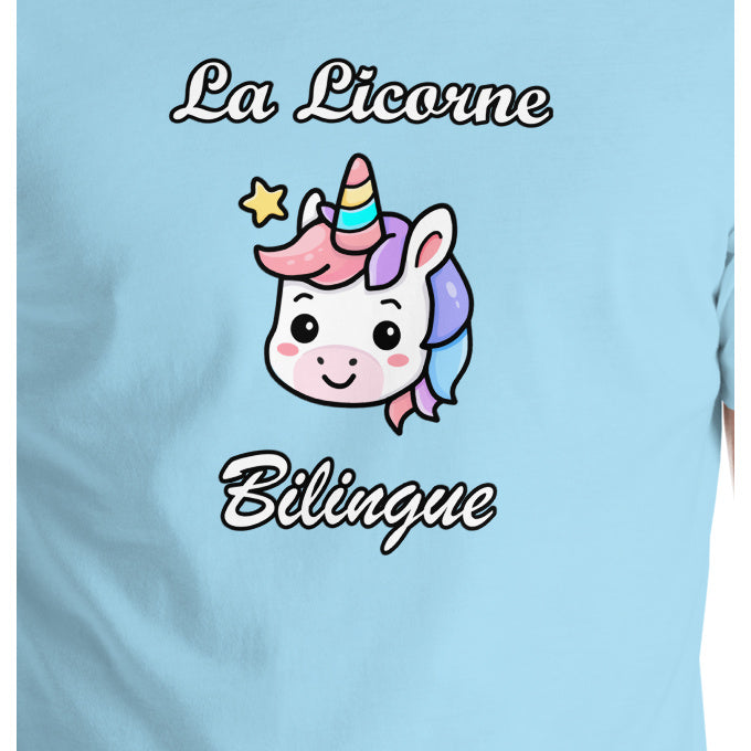 T-shirt adulte unisexe bleu océan « La Licorne Bilingue », détail du motif.