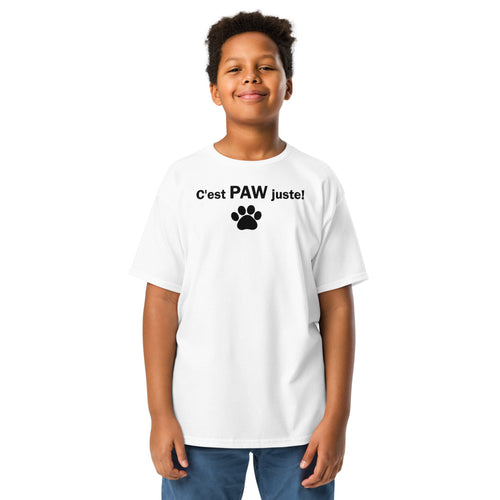 T-shirt enfant blanc « C’est PAW juste! », vue portée.