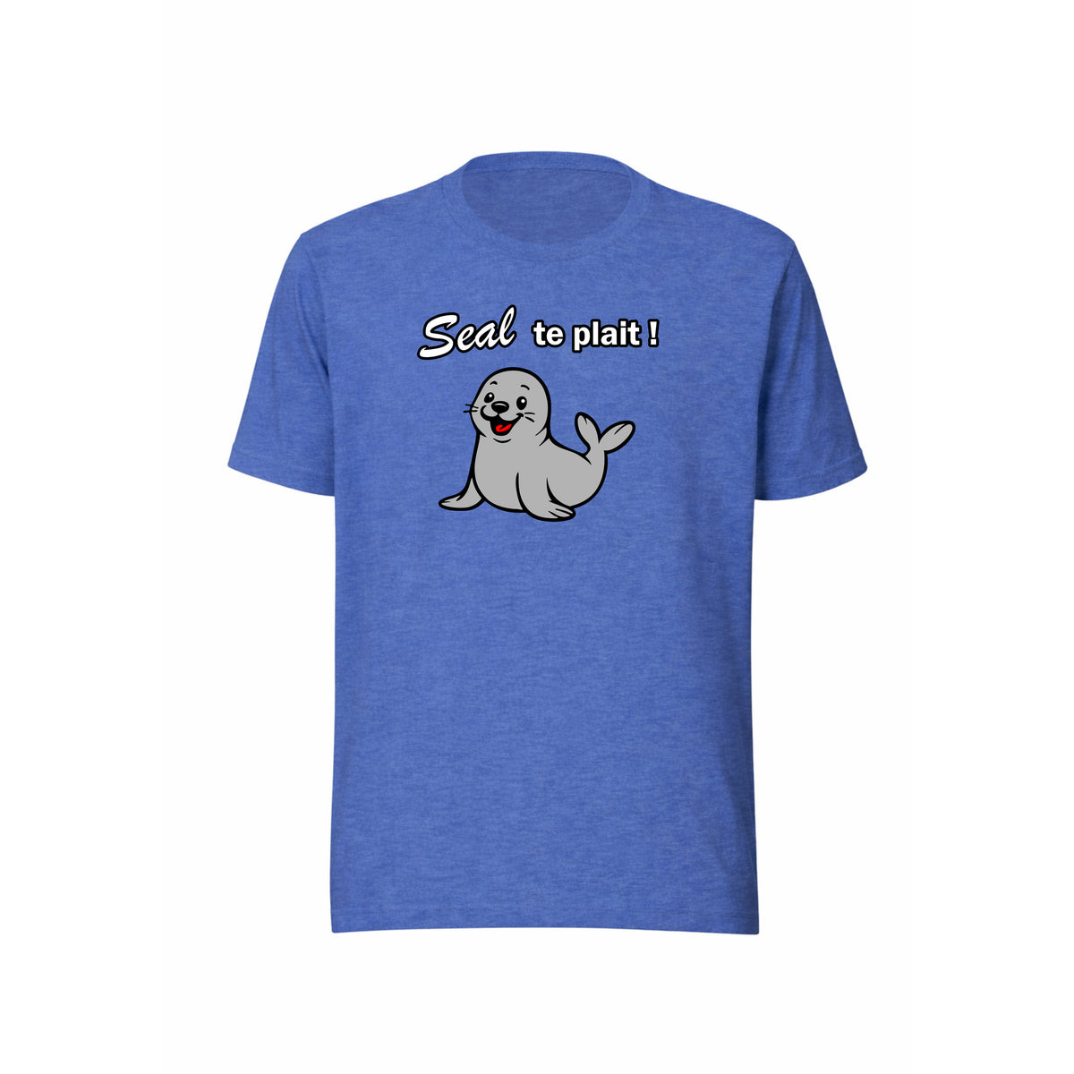 T-shirt adulte unisexe bleu chiné « Seal te plaît ! », vue du vêtement entier de face.