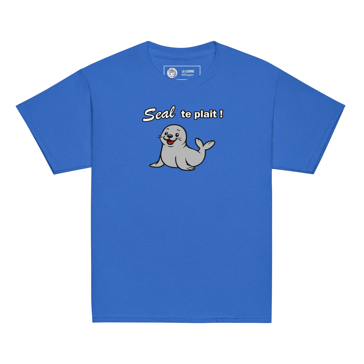 T-shirt enfant bleu royal « Seal te plaît ! », vue du vêtement entier de face.
